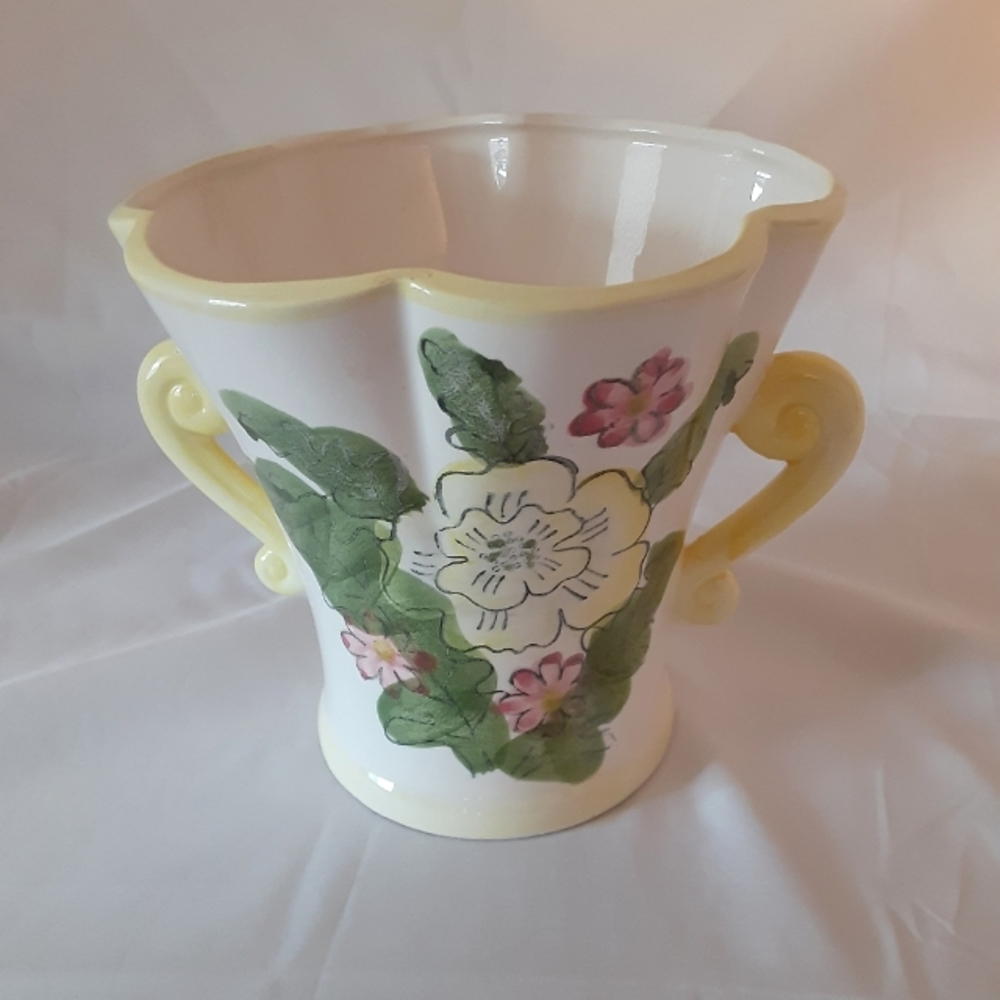 Relpo handpainted vintage mid century vase, handled ceramic floral vase.